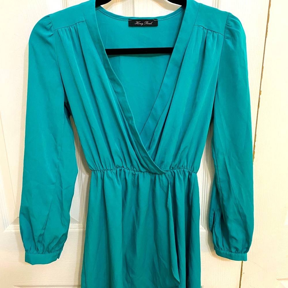 Honey Punch teal long sleeve mini dress, Sz M